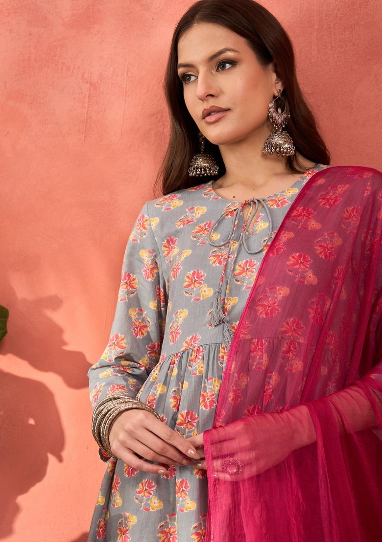 Grey Embroidered Cotton Salwar Kameez With Dupatta