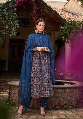 Navy Blue Embroidered Cotton Salwar Kameez With Dupatta