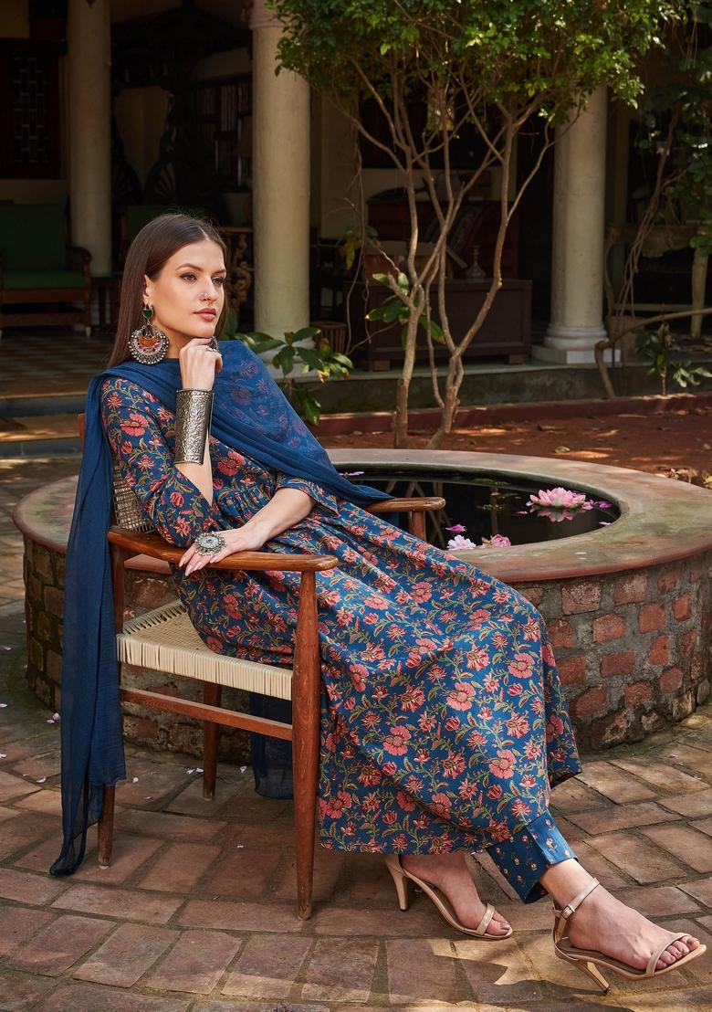 Navy Blue Embroidered Cotton Salwar Kameez With Dupatta