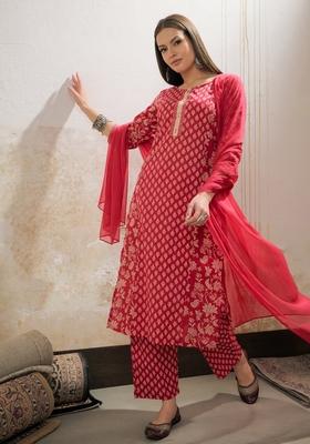 Pink Embroidered Cotton Salwar Kameez With Dupatta