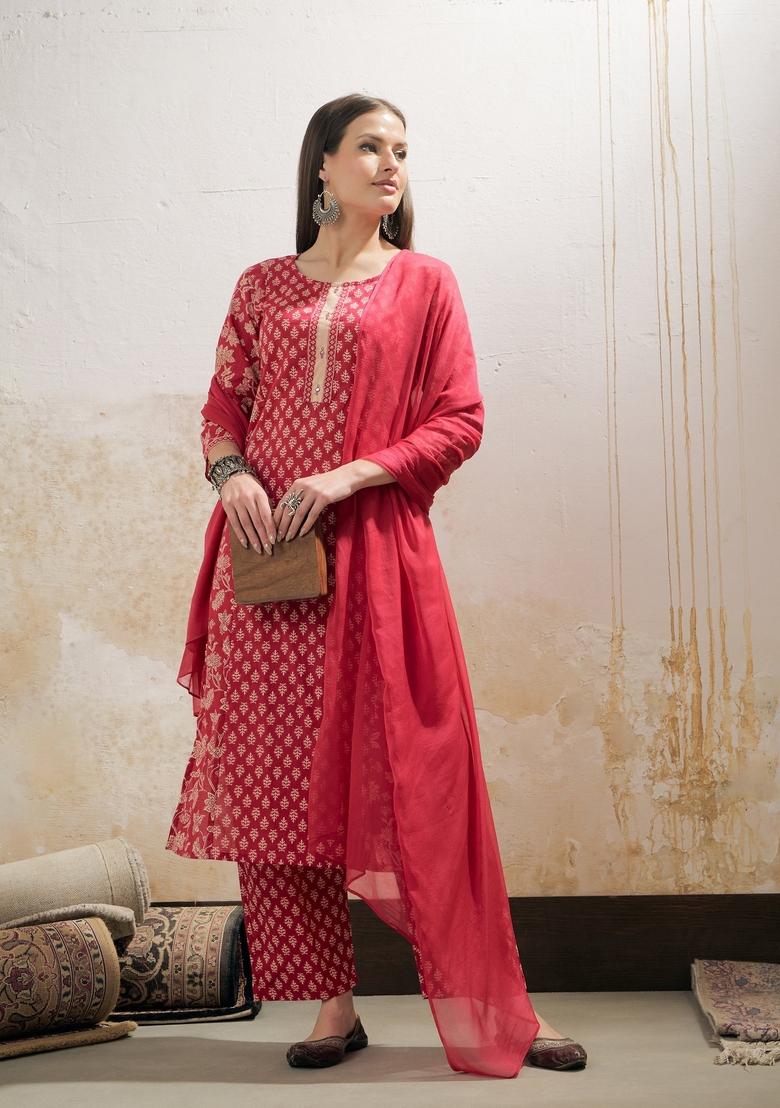 Pink Embroidered Cotton Salwar Kameez With Dupatta