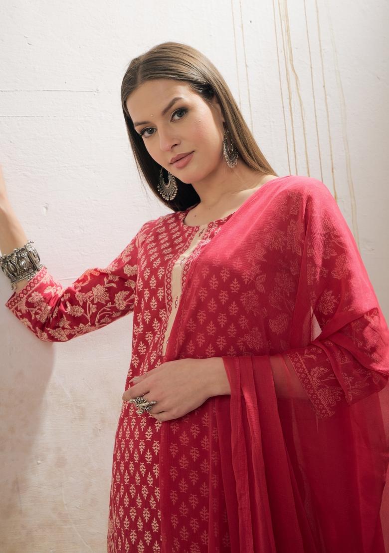 Pink Embroidered Cotton Salwar Kameez With Dupatta