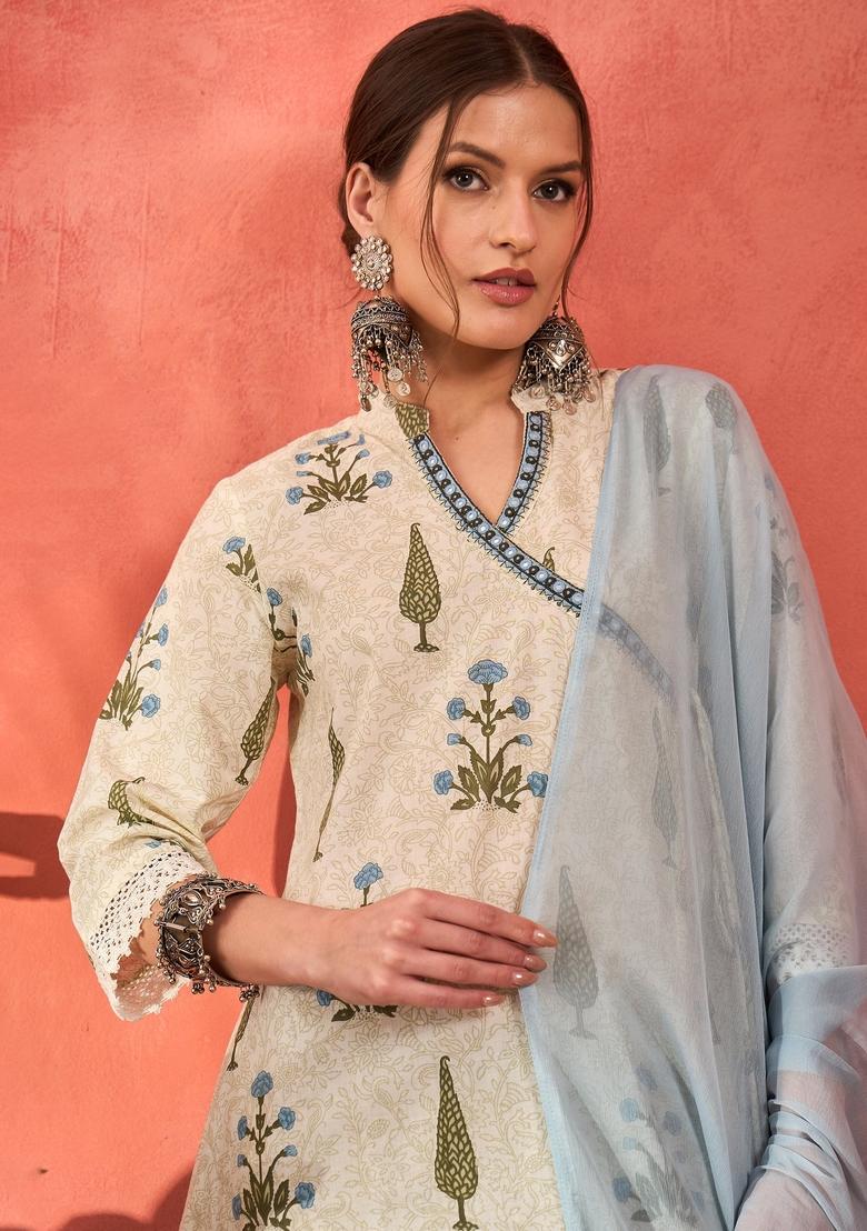 White Embroidered Cotton Salwar Kameez With Dupatta