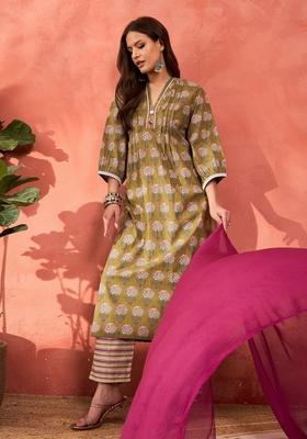 Green Embroidered Cotton Salwar Kameez With Dupatta