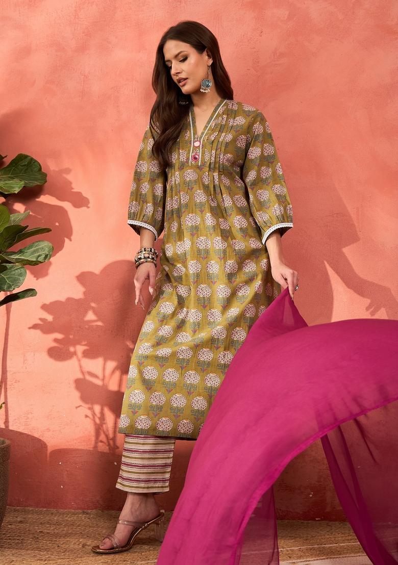 Green Embroidered Cotton Salwar Kameez With Dupatta