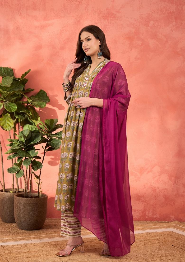 Green Embroidered Cotton Salwar Kameez With Dupatta