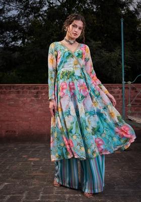 Blue Embroidered Polyester Co Ord Set