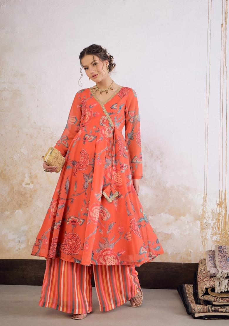 Red Embroidered Polyester Co Ord Set