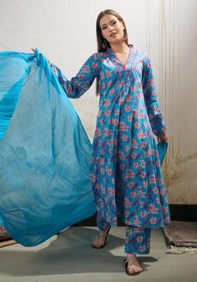 Blue Embroidered Cotton Salwar Kameez With Dupatta