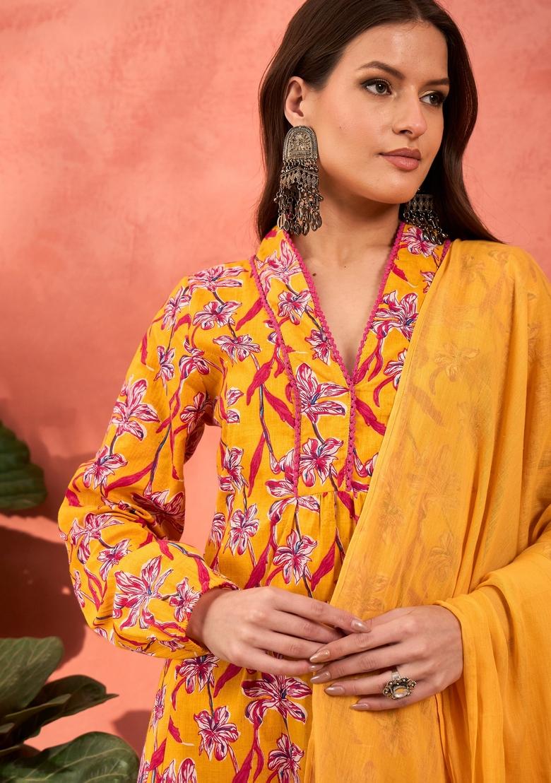 Yellow Embroidered Cotton Salwar Kameez With Dupatta