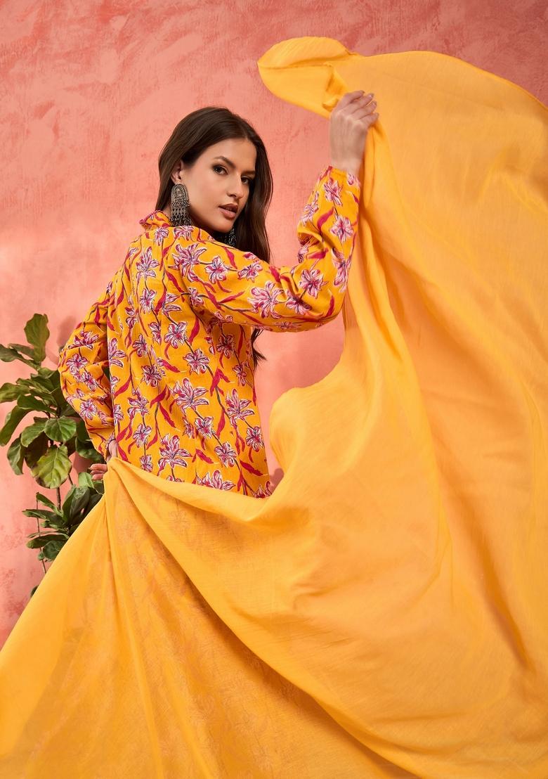 Yellow Embroidered Cotton Salwar Kameez With Dupatta