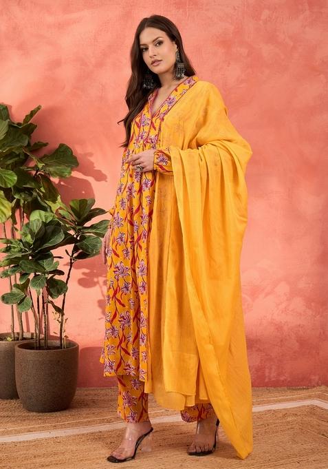 Yellow Embroidered Cotton Salwar Kameez With Dupatta