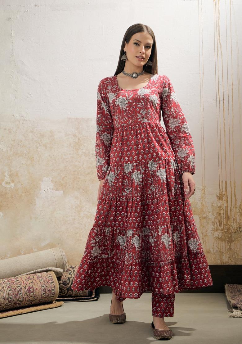 Maroon Embroidered Cotton Co Ord Set