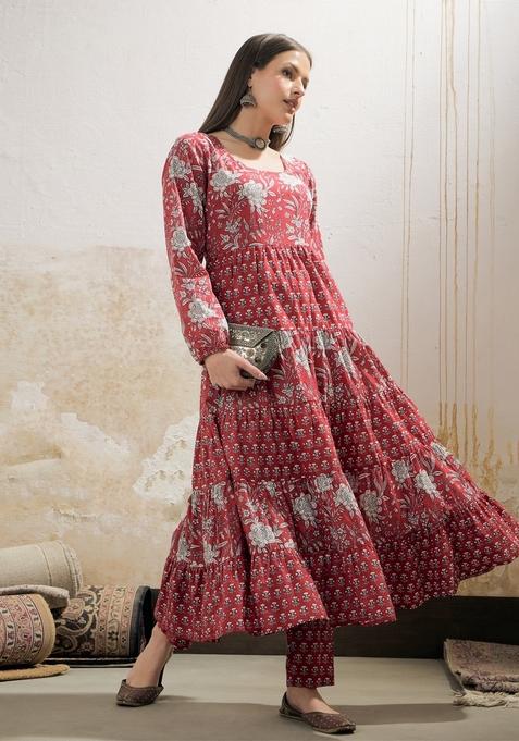 Maroon Embroidered Cotton Co Ord Set