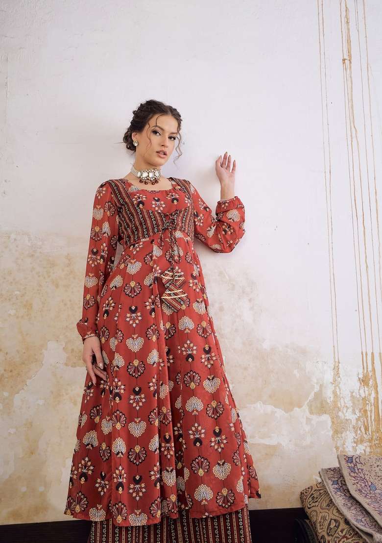 Maroon Embroidered Polyester Co Ord Set - Indya