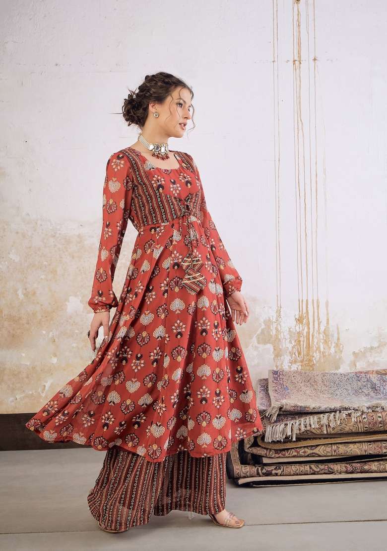 Maroon Embroidered Polyester Co Ord Set - Indya