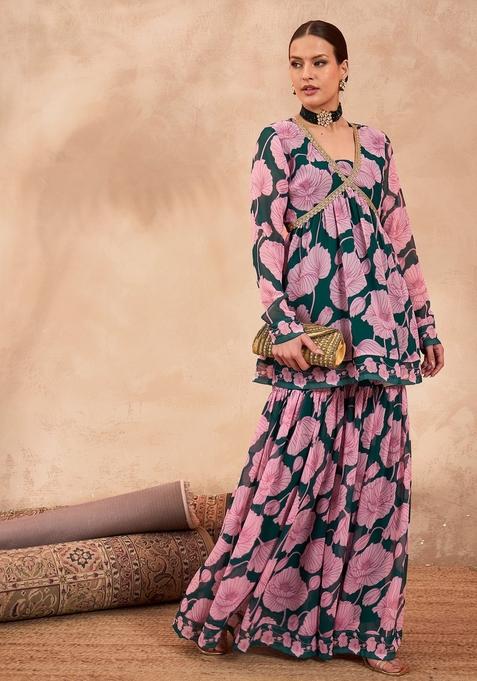 Green Floral Print Polyester Sharara Set — view on Indya