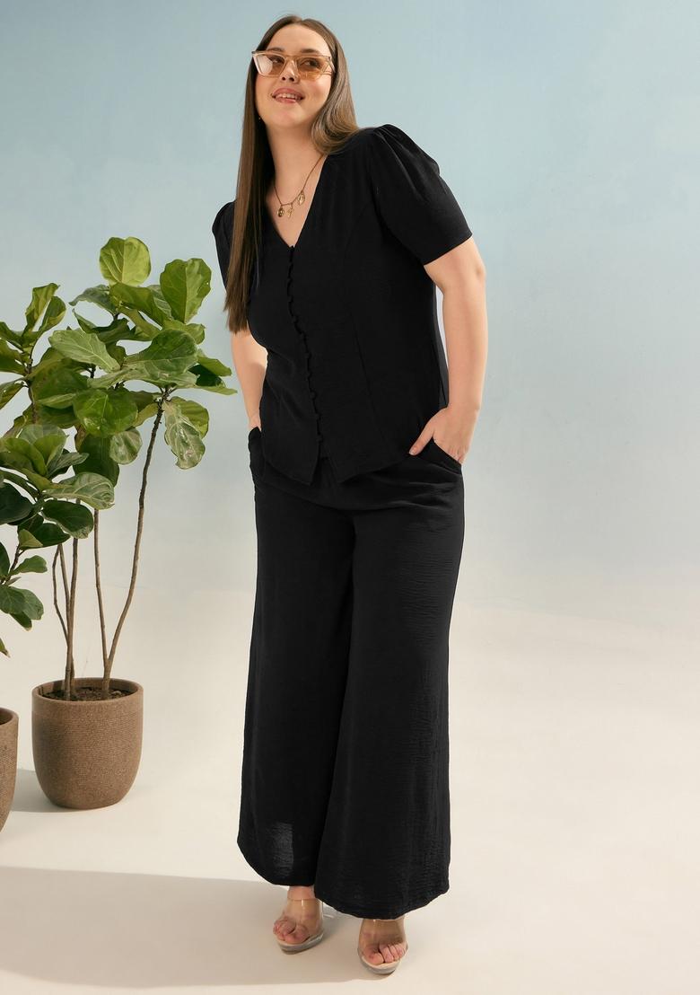 Black Embroidered Polyester Co Ord Set