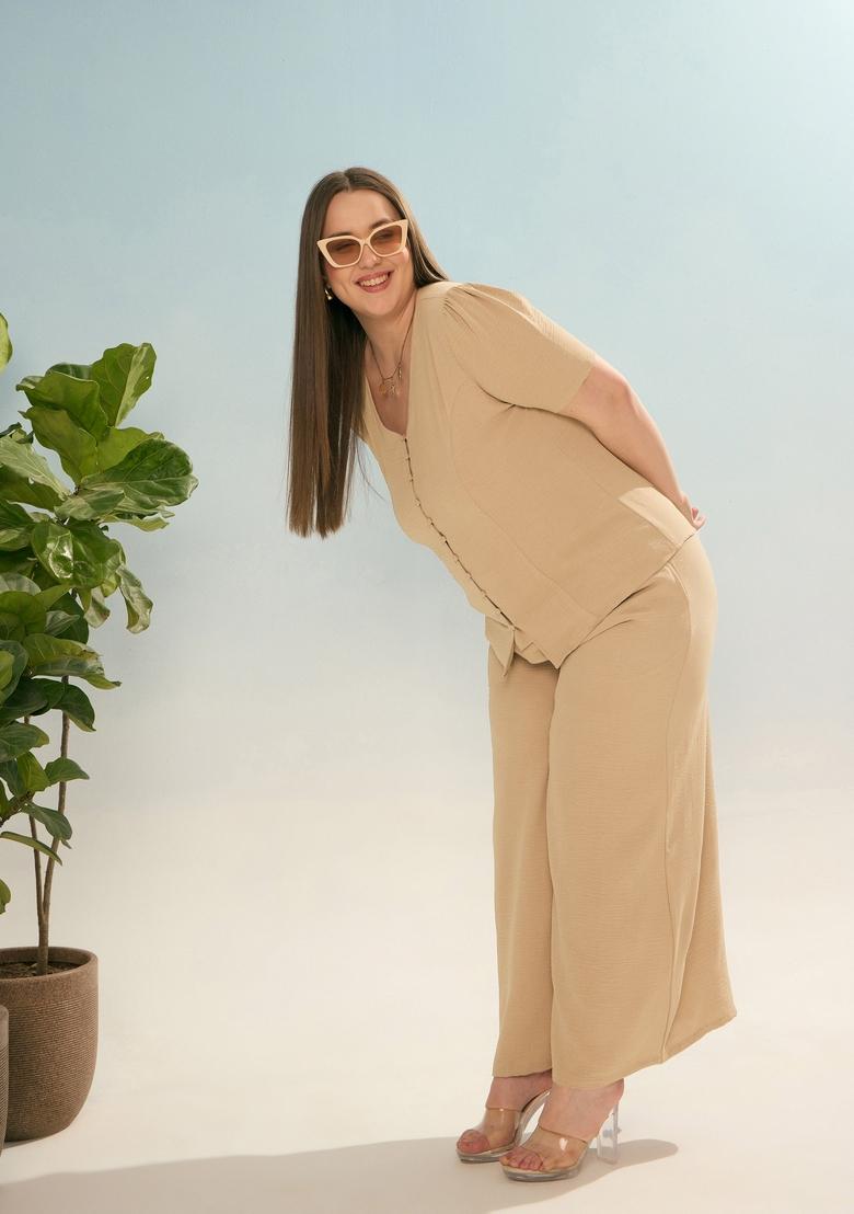 Beige Embroidered Polyester Co Ord Set