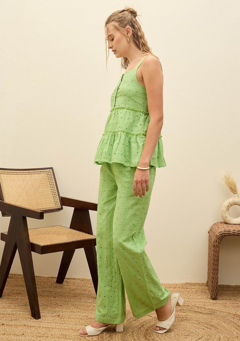 Green Embroidered Cotton Co Ord Set