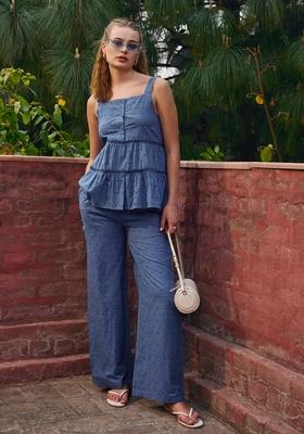 Blue Embroidered Cotton Co Ord Set