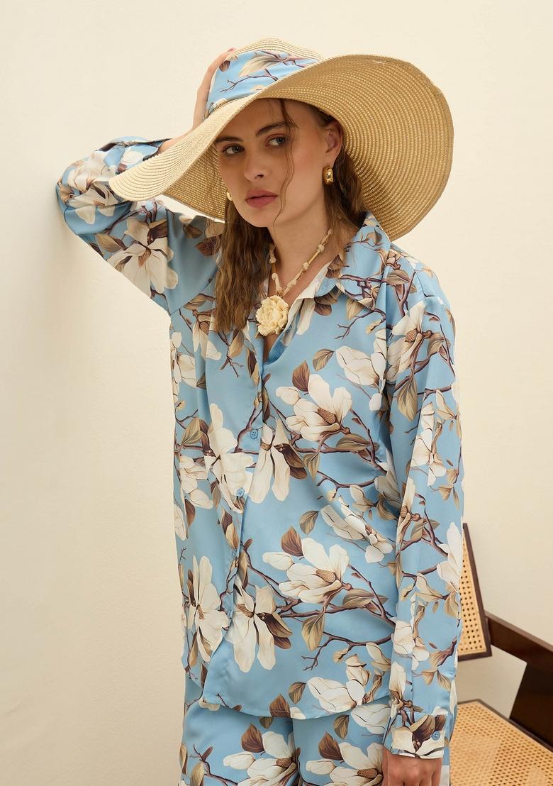 Blue Embroidered Polyester Co Ord Set