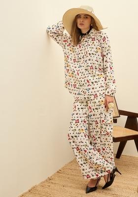 Beige Embroidered Polyester Co Ord Set