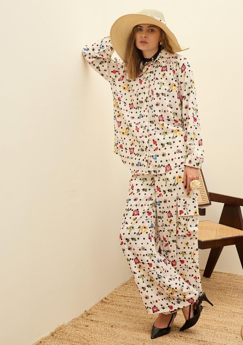 Beige Embroidered Polyester Co Ord Set