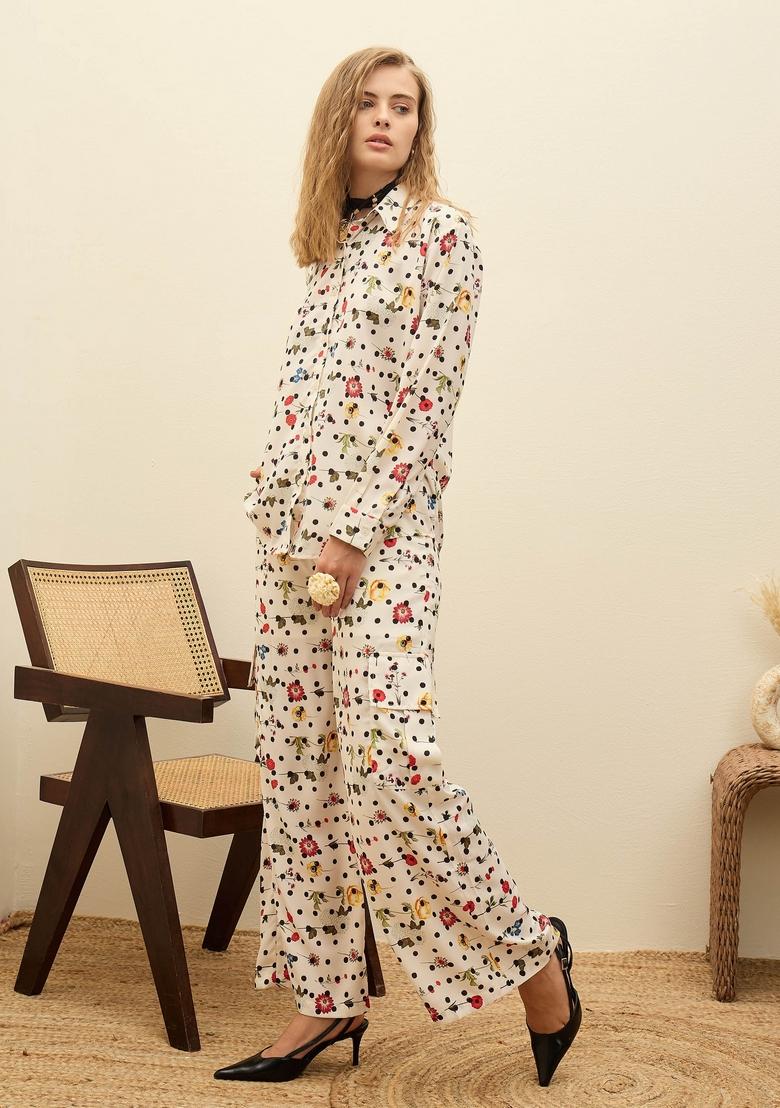 Beige Embroidered Polyester Co Ord Set