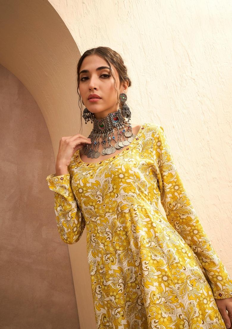 Yellow Embroidered Rayon Co Ord Set