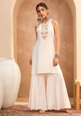 White Embroidered Rayon Co Ord Set