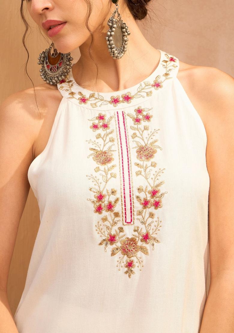 White Embroidered Rayon Co Ord Set