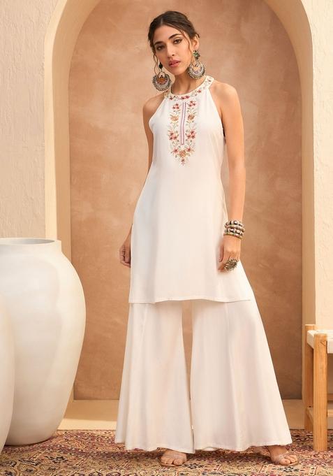 White Embroidered Rayon Sharara Set — view on Indya