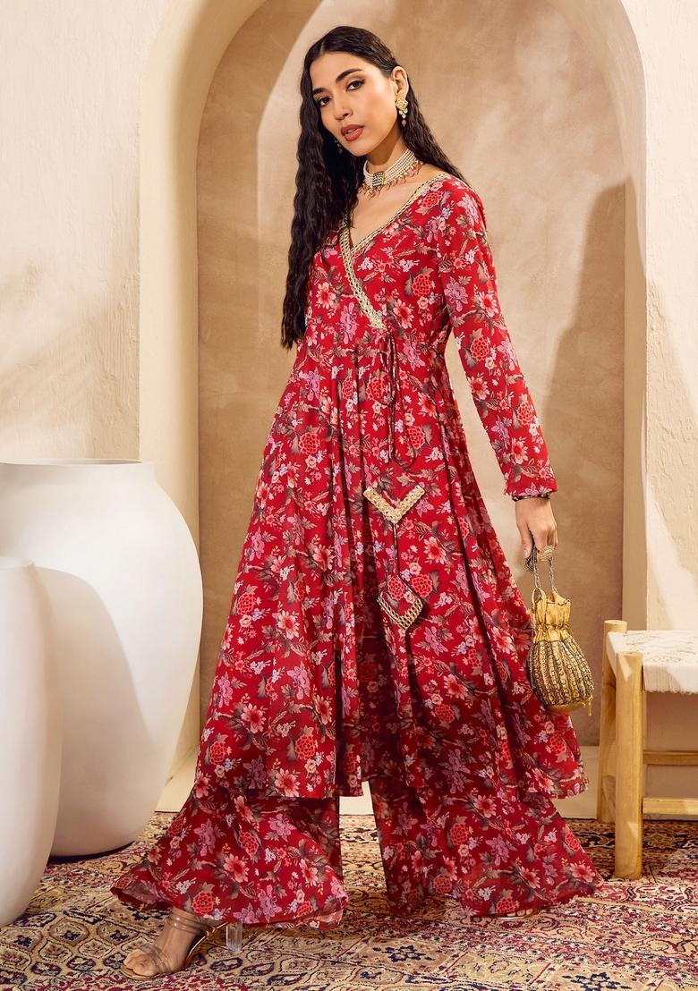 Red Embroidered Polyester Co Ord Set