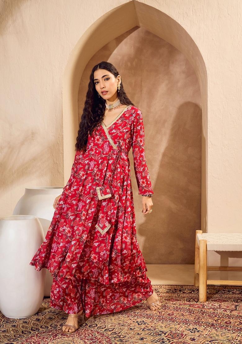 Red Embroidered Polyester Co Ord Set