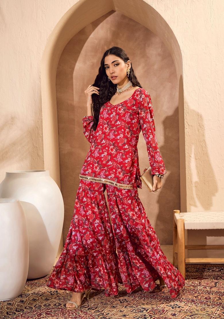 Red Embroidered Polyester Co Ord Set