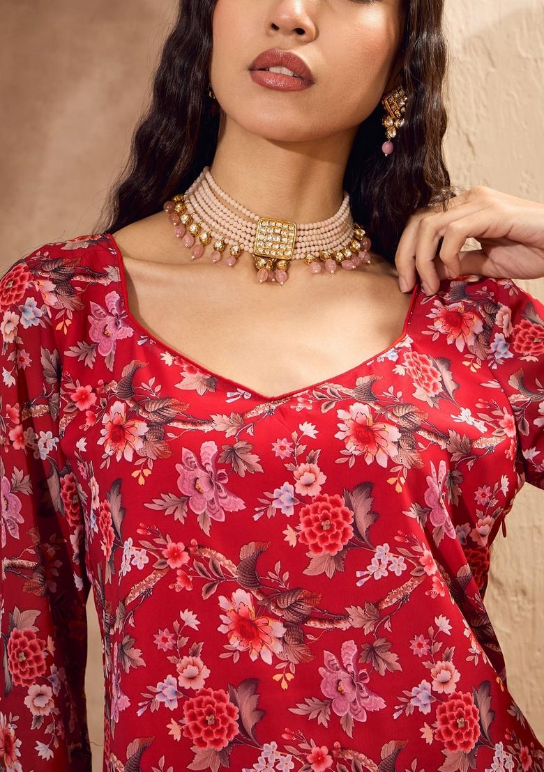 Red Embroidered Polyester Co Ord Set