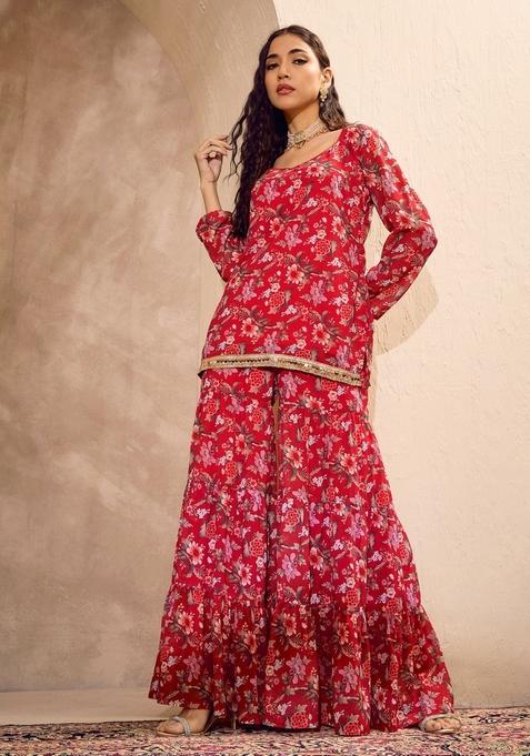 Red Embroidered Polyester Co Ord Set