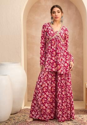 Red Embroidered Rayon Co Ord Set