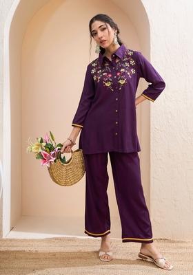 Purple Embroidered Rayon Co Ord Set