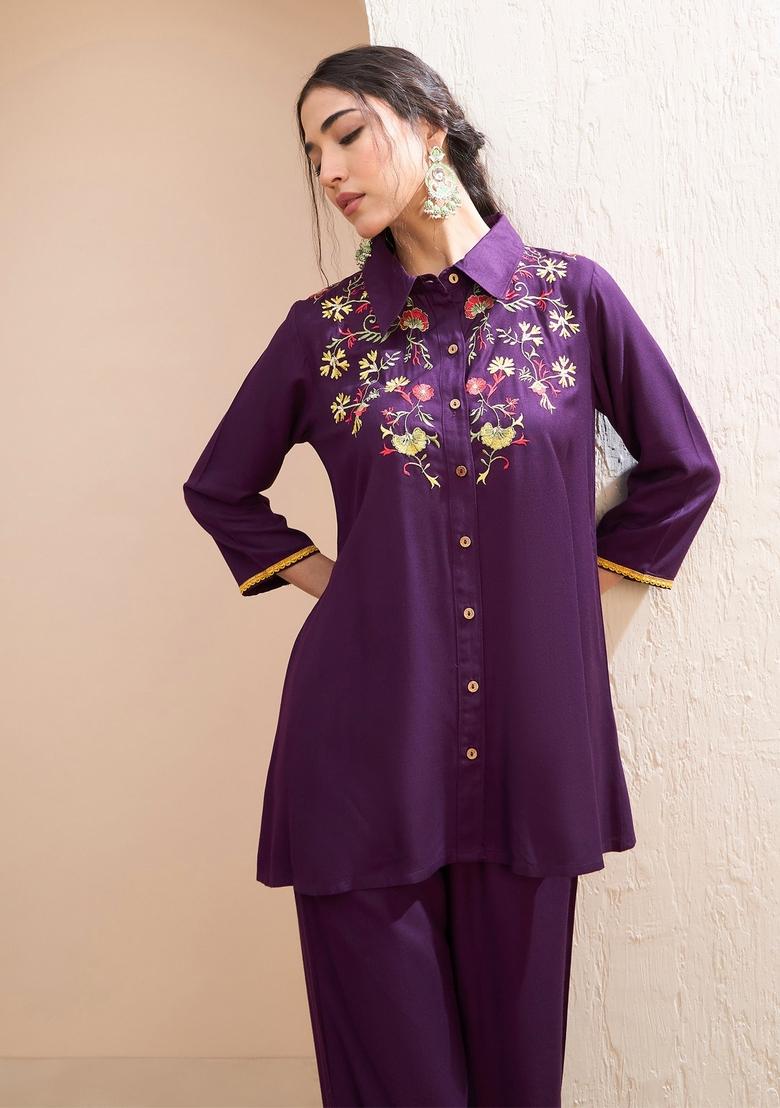 Purple Embroidered Rayon Co Ord Set