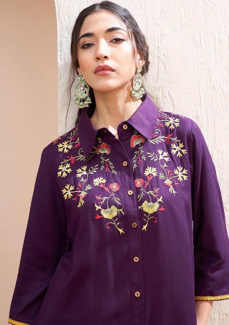 Purple Embroidered Rayon Co Ord Set
