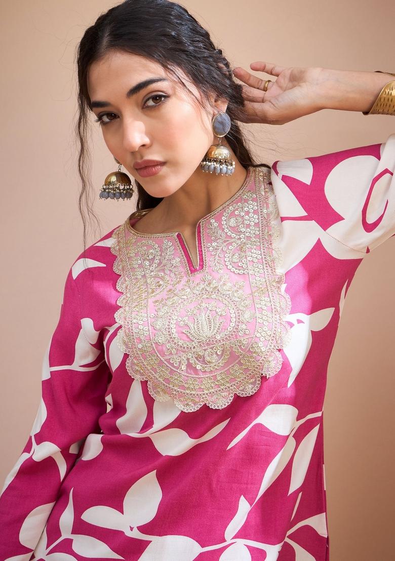 Pink Embroidered Rayon Co Ord Set