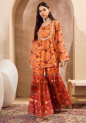 Orange Embroidered Polyester Co Ord Set
