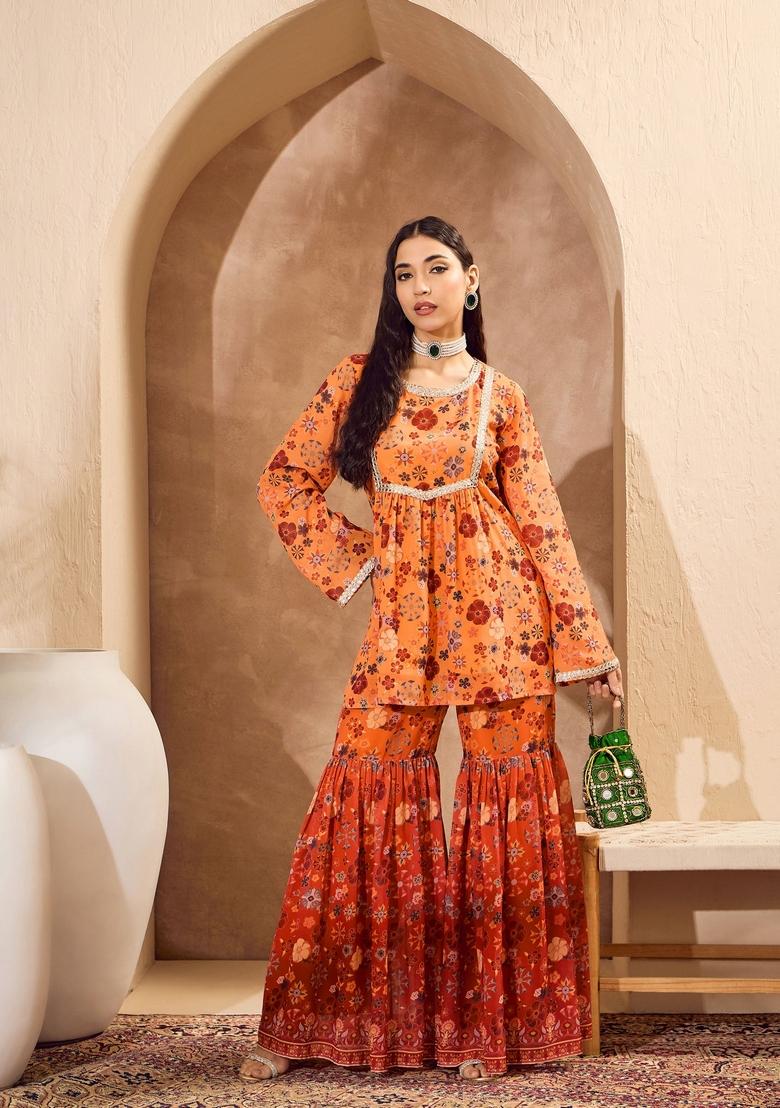 Orange Embroidered Polyester Co Ord Set
