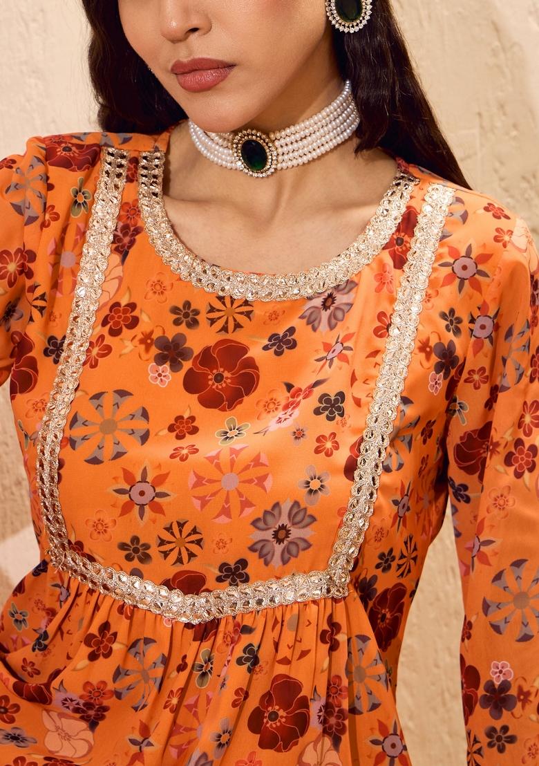 Orange Embroidered Polyester Co Ord Set