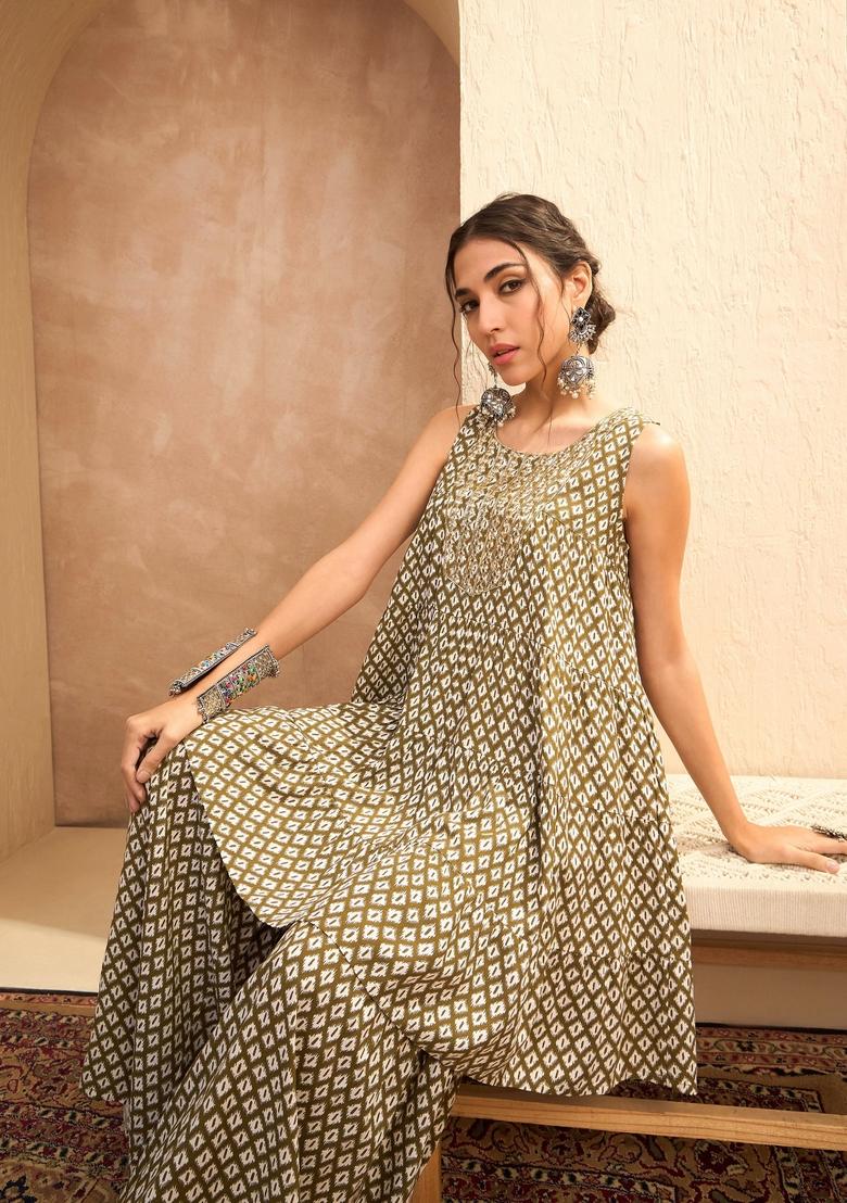 Olive Embroidered Rayon Co Ord Set