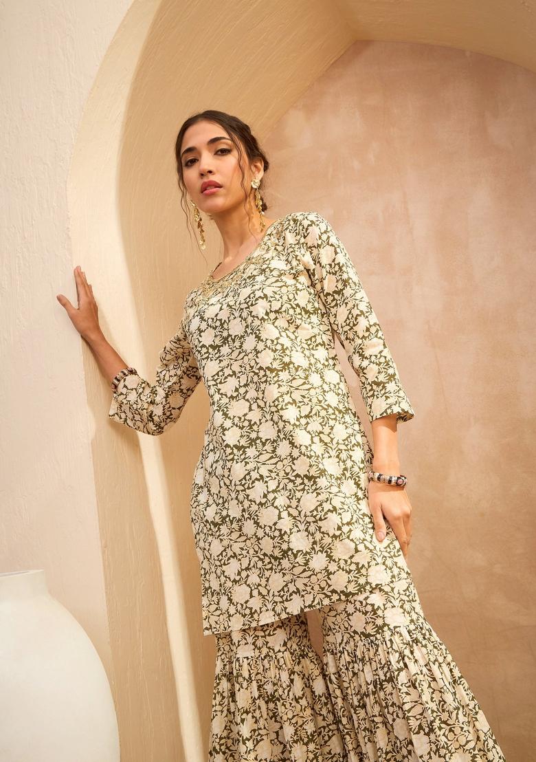 Olive Embroidered Cotton Co Ord Set