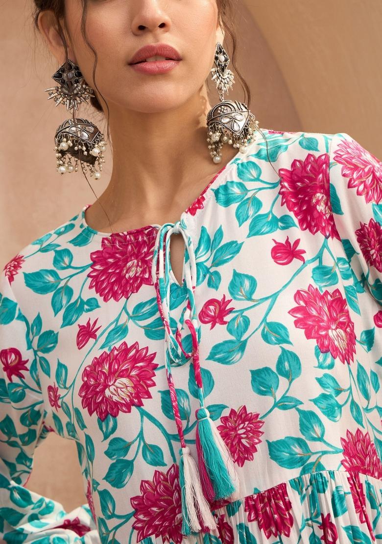 Off White Embroidered Rayon Co Ord Set