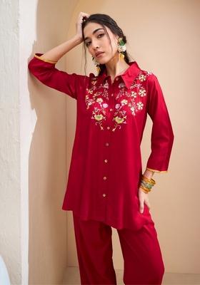 Maroon Embroidered Rayon Co Ord Set